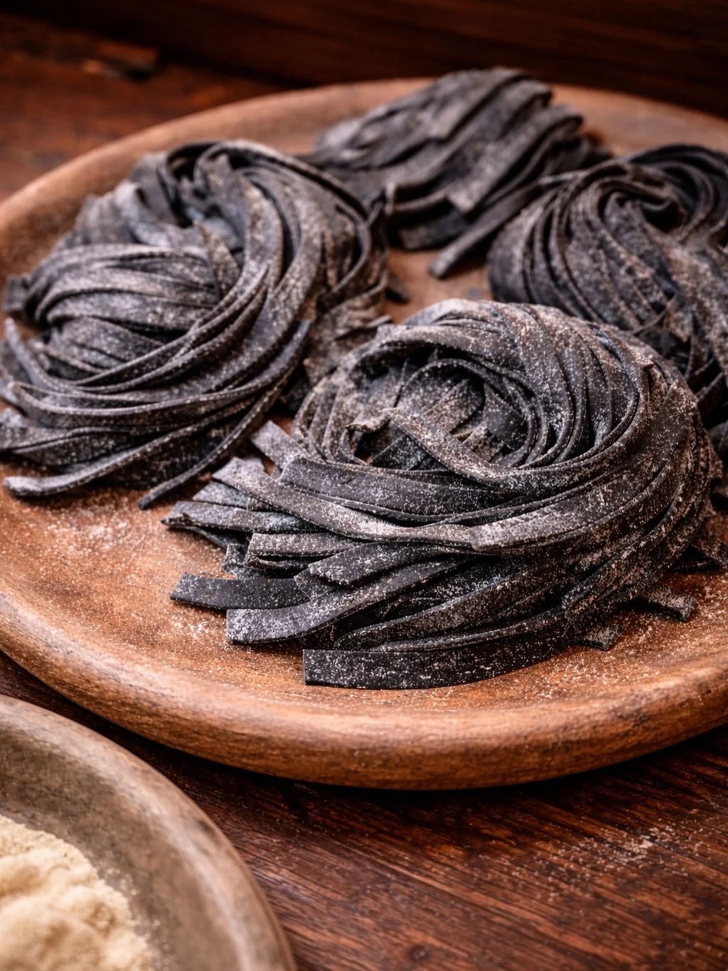 Fetuccini negro recién elaborado, dispuesto en nidos sobre barro